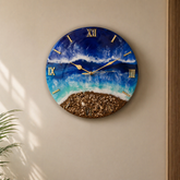 12 inch ocean wave resin wall clock with gold roman numbers hanging on wall beach theme home decor