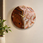 16 inch resin wall clock with wooden and marble finish, gold Roman numbers and modern luxury wall decor design