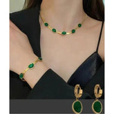 Women's Necklace Stainless Steel Oval Green Crystal Pendant Necklace