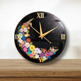 12 inch black resin floral wall clock with gold Roman numbers and colorful flower design, premium handmade home decor