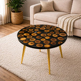 Round coffee table with a unique design in a living room setting