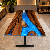 Wooden table with blue resin inlay in a room setting