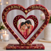 Customized center hanging heart photo frame for couples with name and photo, red resin design with gold flakes, personalized wedding anniversary gift