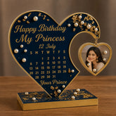 Customized heart resin birthday calendar frame with photo, personalized gift for her with highlighted date and elegant gold detailing