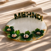 8 inch customized resin mehndi name plate with green floral design and gold detailing on premium beige background