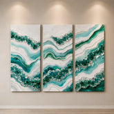 Abstract green resin wall art set of 3 panels with agate-inspired design, featuring layered textures and crystal detailing for modern home decor