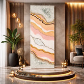 Luxury peach resin wall art panel with abstract marble design and gold accents, modern decorative wall panel for elegant living room interior decor