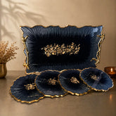 dark blue resin serving tray with gold handles and 4 matching geode coasters luxury table decor set