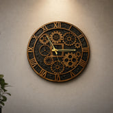 Decorative wall clock with gear design on a beige wall