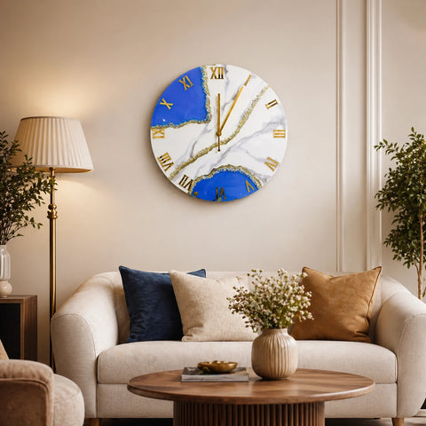12 Inch Marble Effect Resin Wall Clock – Blue & White Designer Clock with Gold Roman Number