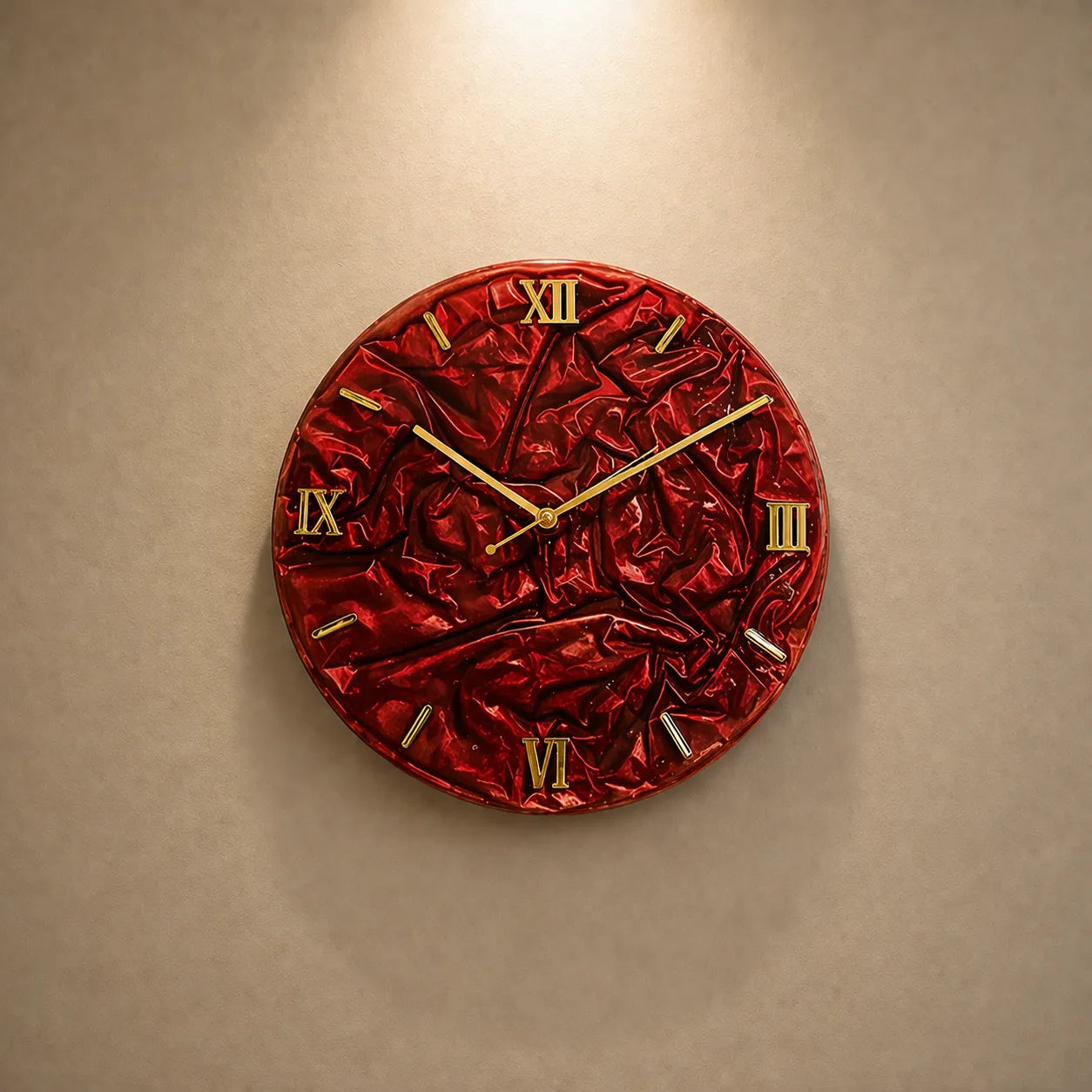 Red wall clock with gold Roman numerals on a beige background