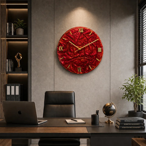 12 Inch Velvet Texture Resin Wall Clock – Red Designer Clock with Gold Roman Numerals