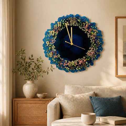 Decorative wall clock with floral design in a living room setting