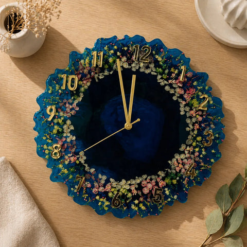 Decorative wall clock with floral design on a wooden surface