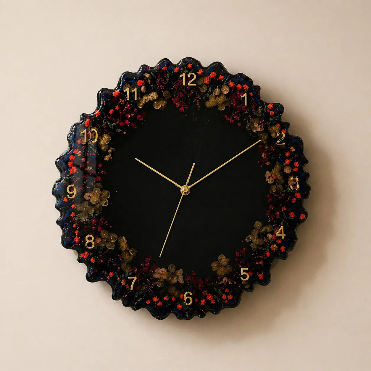 Decorative wall clock with floral design on a beige background