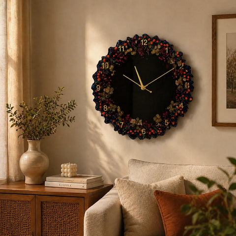 Decorative wall clock with floral design in a living room setting