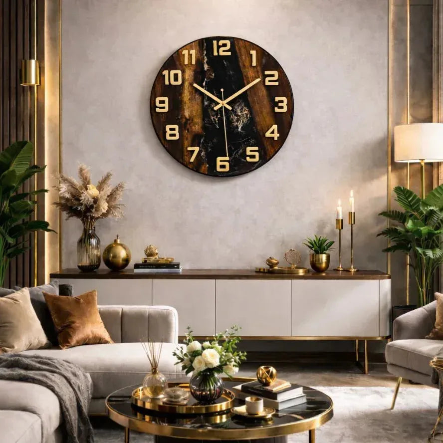 Modern living room with a large wall clock, decorative items, and a sofa.