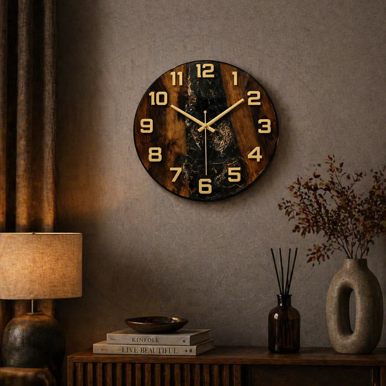 Wooden wall clock with gold numbers on a rustic interior setting