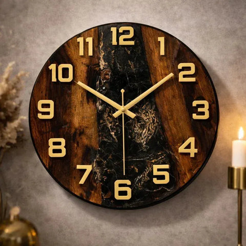 12 inch wood and resin wall clock with gold numbers, modern luxury wall decor clock design