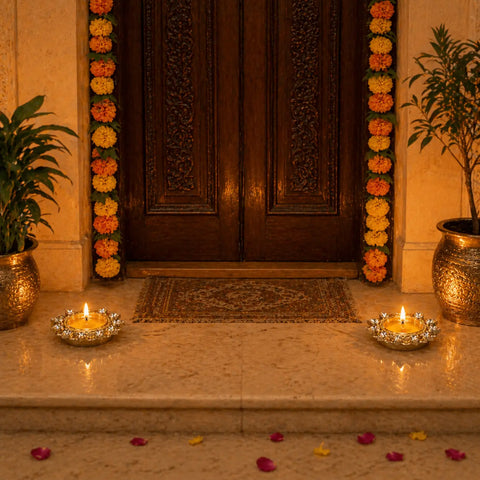Decorative entrance with flowers, candles, and plants on a marble floor.