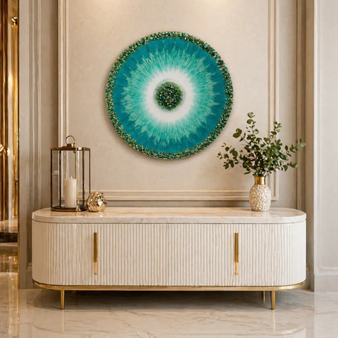 Decorative wall piece with a blue and green circular design above a white console table.