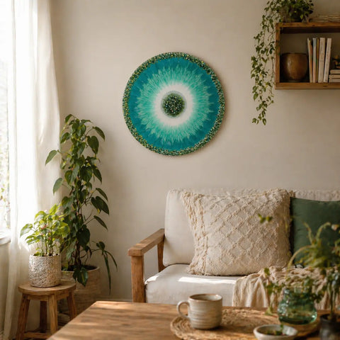 Living room with a circular green and blue wall art piece, white sofa, and various plants.