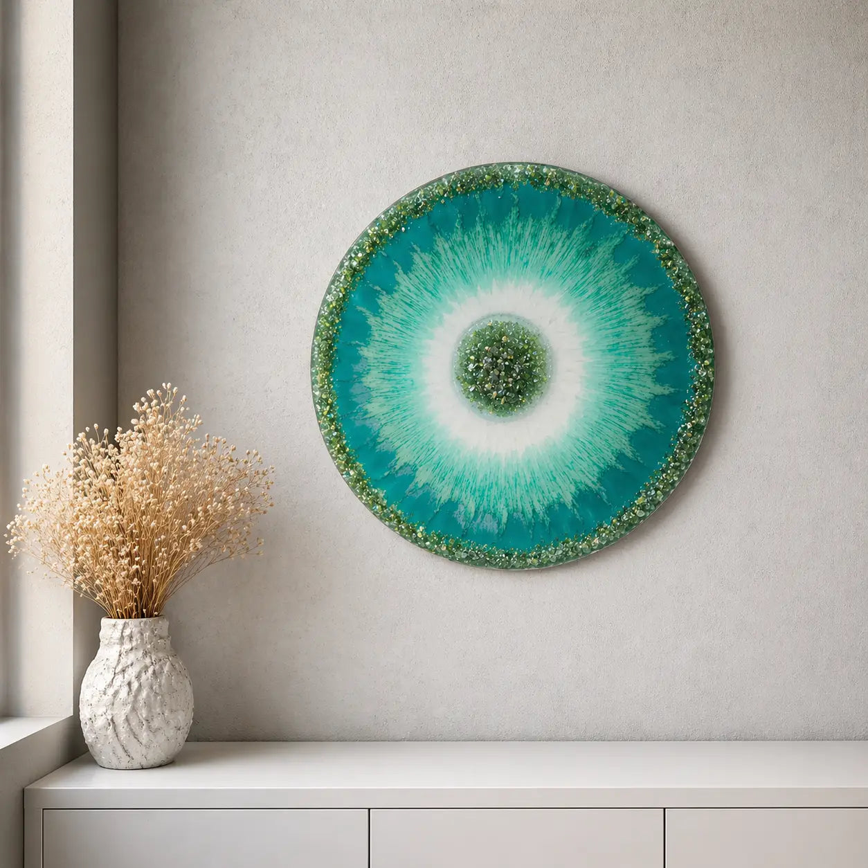 Decorative circular wall art with a gradient of green and blue, placed on a light gray wall above a white cabinet.