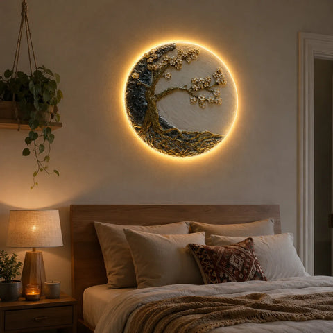 Decorative wall art with a tree design illuminated by a circular light fixture in a bedroom setting.
