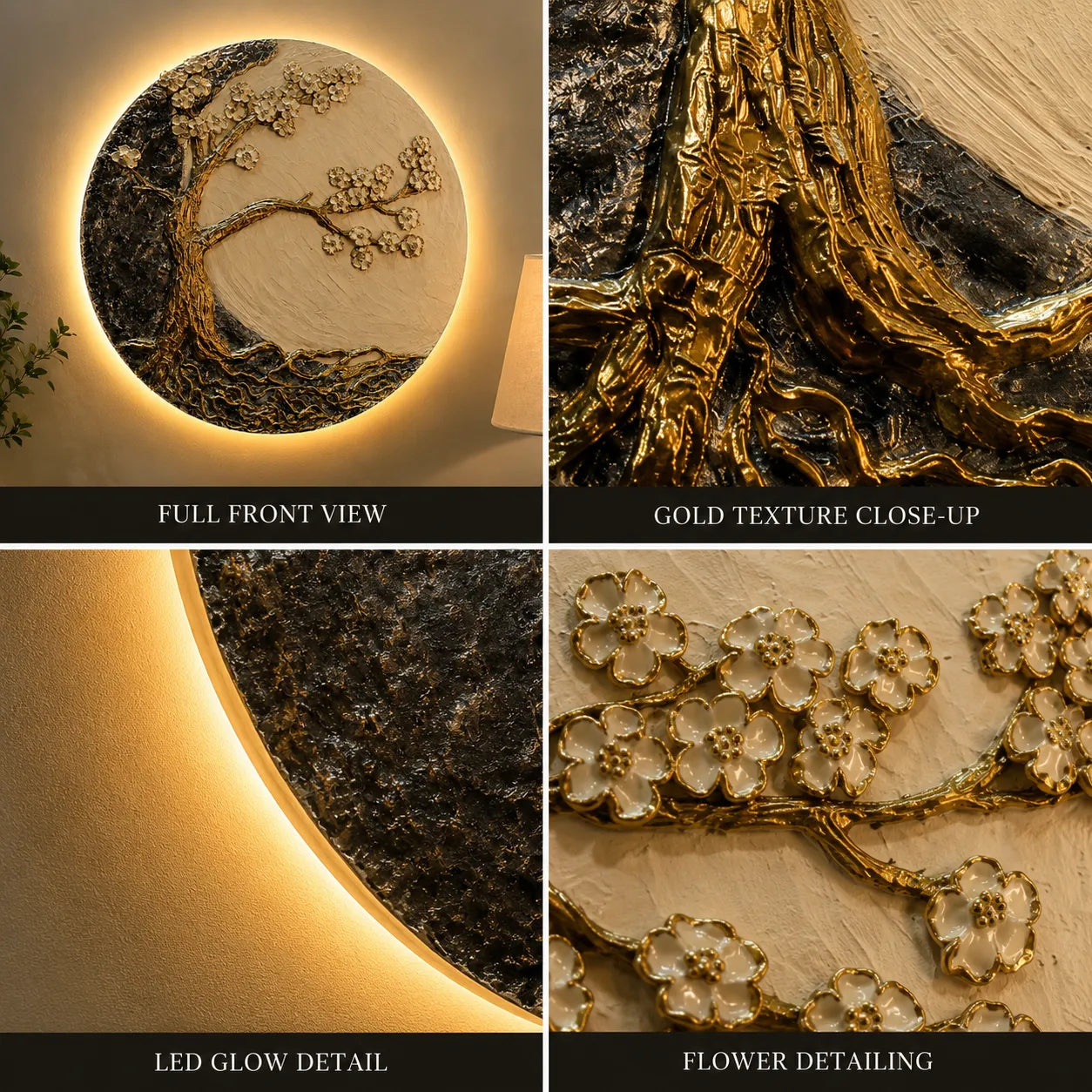 Collage of a decorative wall piece with gold texture, LED glow detail, and flower detailing.