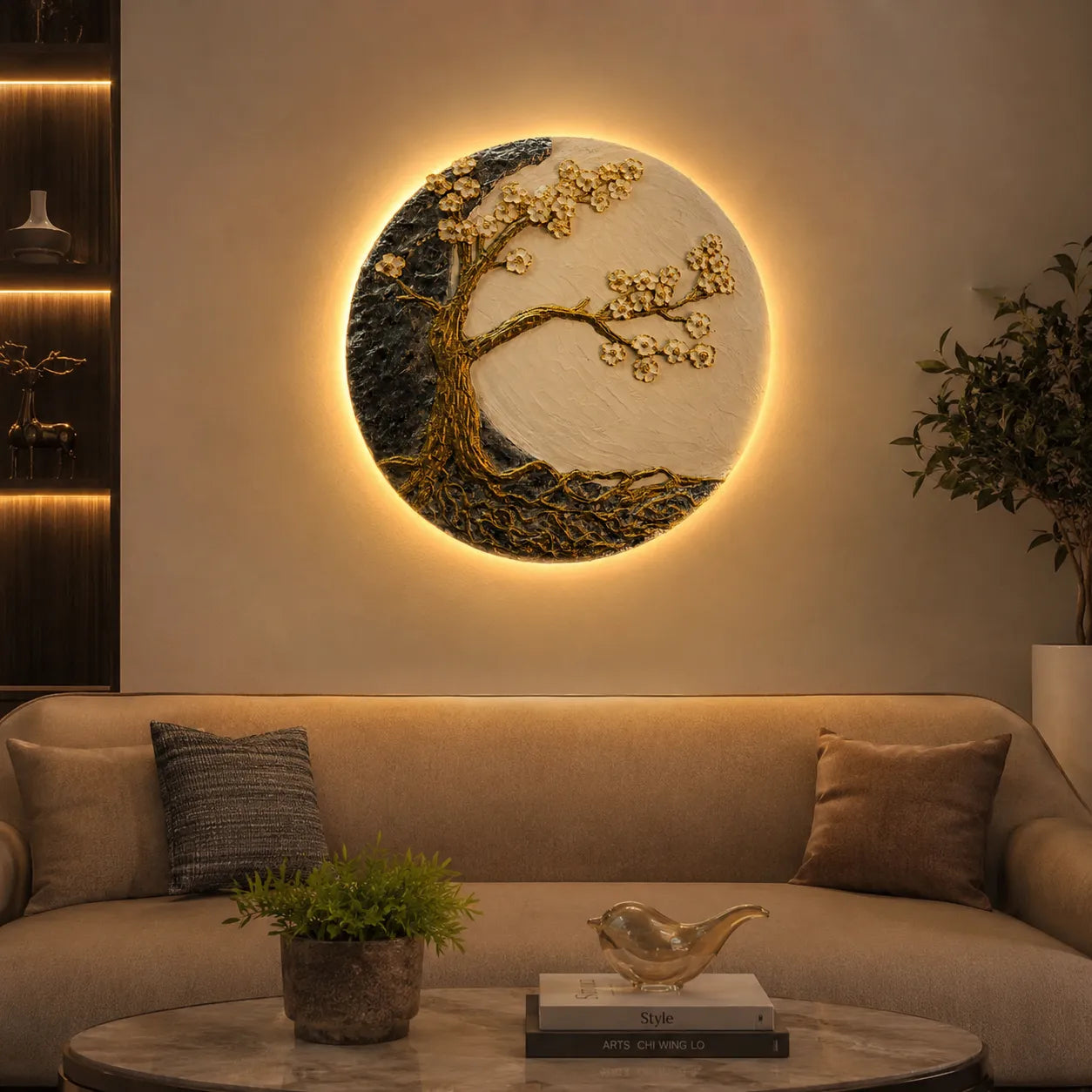 Decorative wall art with a tree design illuminated by lights in a living room setting.