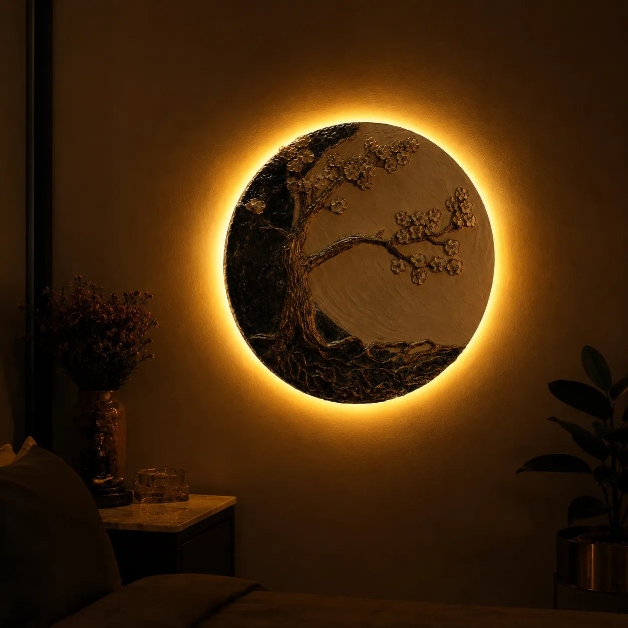Decorative wall mirror with floral design illuminated by a warm light in a dimly lit room.