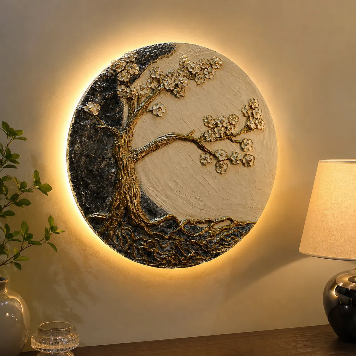 Decorative wall art with tree design on a wall, illuminated by a lamp.