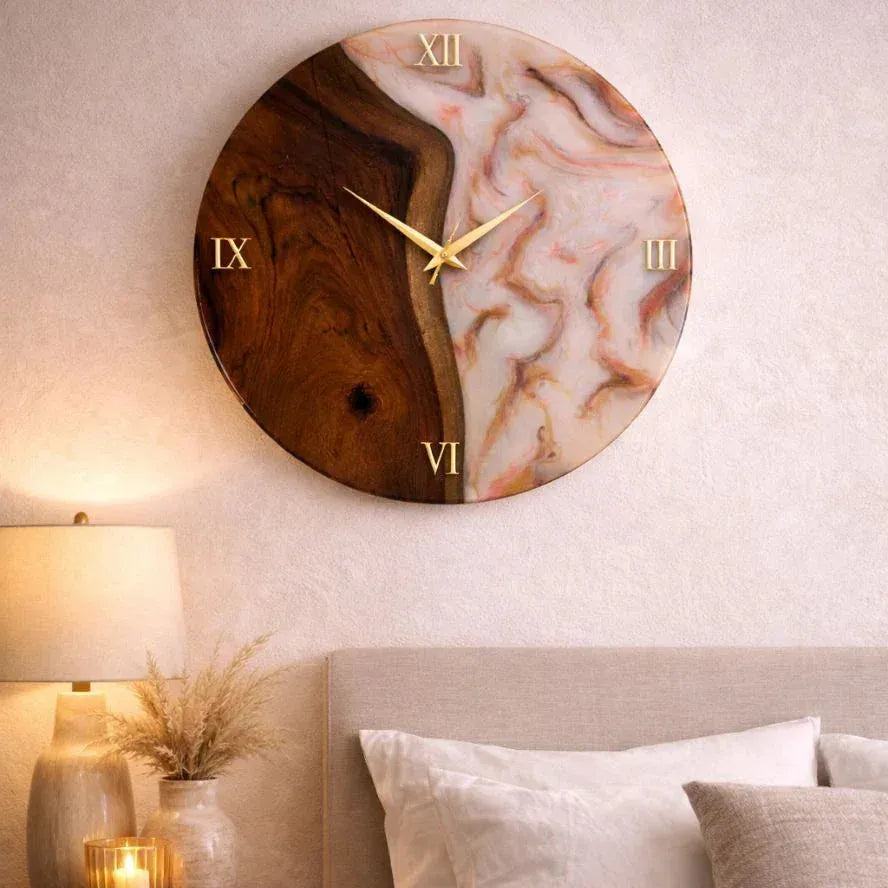 Decorative wall clock with wooden and marble design in a bedroom setting.