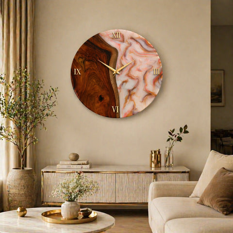 Decorative wall clock with marble and wood design in a living room setting.