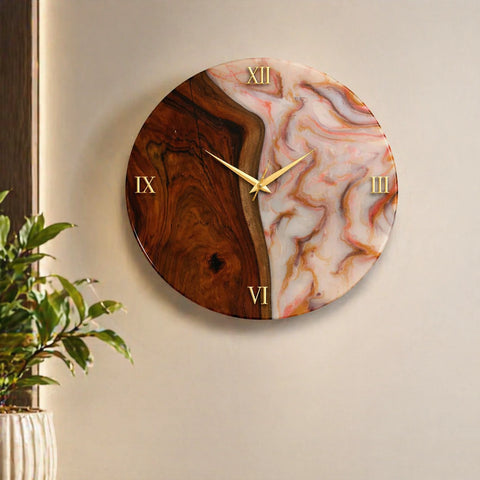 16 inch resin wall clock with wooden and marble finish, gold Roman numbers and modern luxury wall decor design