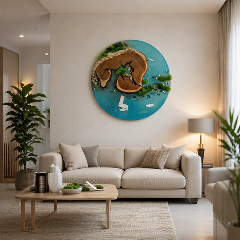 Modern living room with a beige sofa, wooden coffee table, and decorative wall art.
