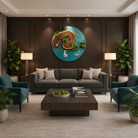 Modern living room with gray sofa, coffee table, and decorative wall art.