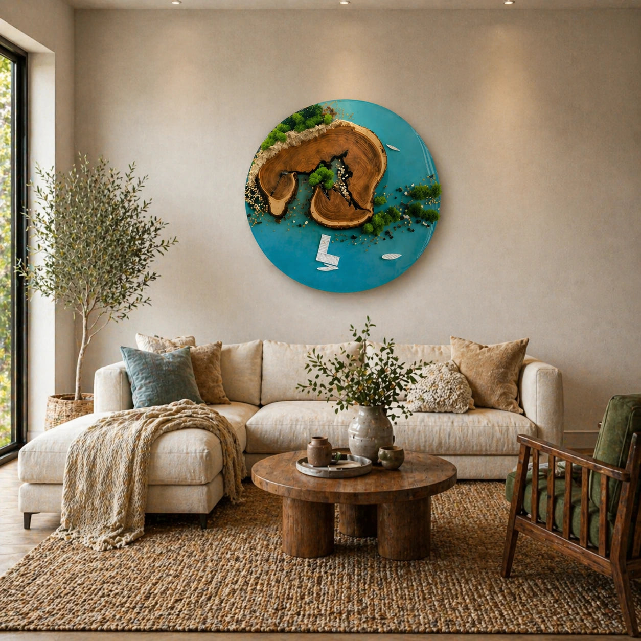 Living room with a large circular artwork on the wall, beige sofa, wooden coffee table, and decorative elements.
