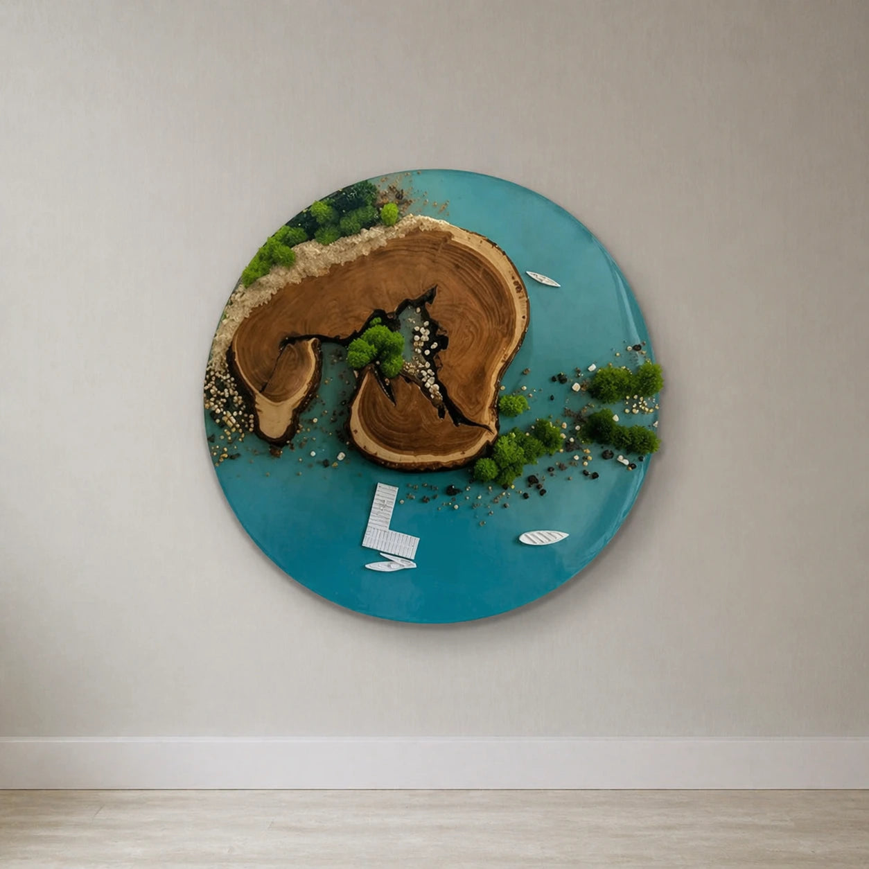 Round wall art piece with natural elements on a light gray wall.