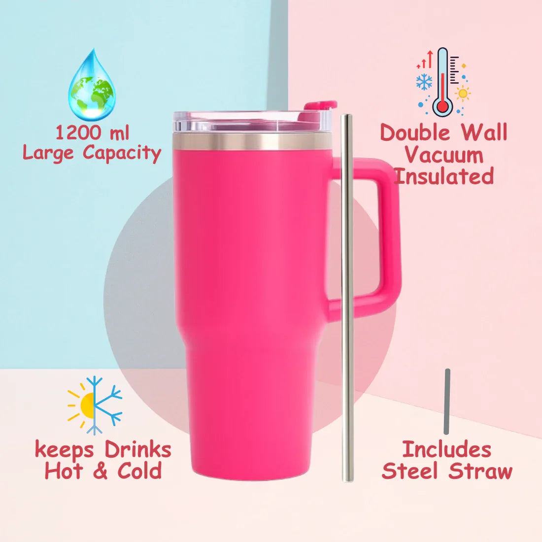 Pink Stainless Steel Insulated Tumbler With Steel Straw - 1200ml - Craft Farm