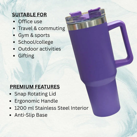 Purple Stainless Steel Insulated Tumbler With Steel Straw - 1200ml - Craft Farm