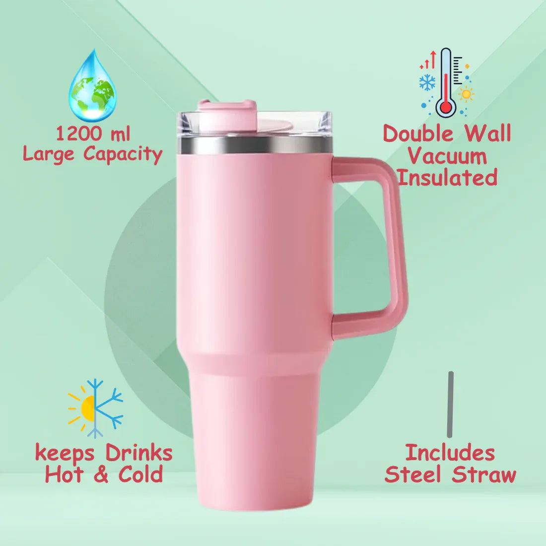 Baby Pink Stainless Steel Insulated Tumbler With Steel Straw - 1200ml - Craft Farm