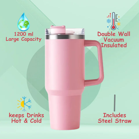 Baby Pink Stainless Steel Insulated Tumbler With Steel Straw - 1200ml - Craft Farm