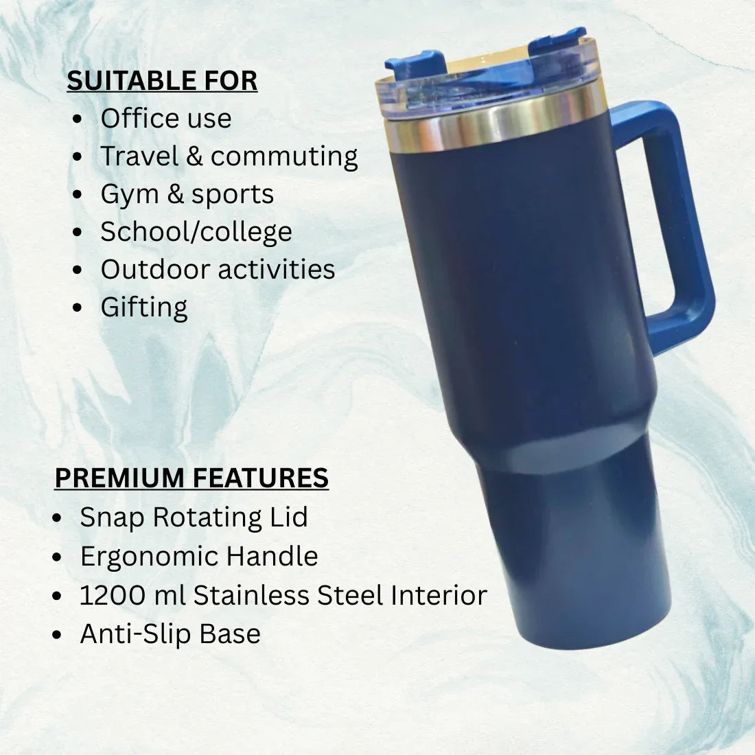 Navy Blue Stainless Steel Insulated Tumbler With Steel Straw - 1200ml - Craft Farm