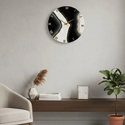 Modern Marble Style 16 Inch Resin Wall Clock – Black & White with Gold Detail