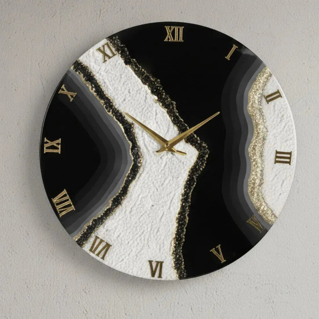 Modern Marble Style 16 Inch Resin Wall Clock – Black & White with Gold Detail