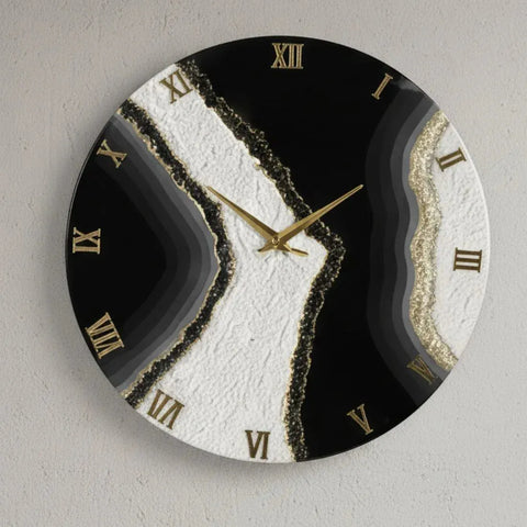 Modern Marble Style 16 Inch Resin Wall Clock – Black & White with Gold Detail