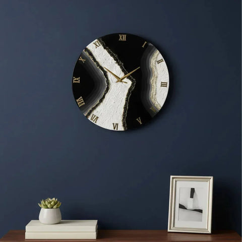 Modern Marble Style 16 Inch Resin Wall Clock – Black & White with Gold Detail