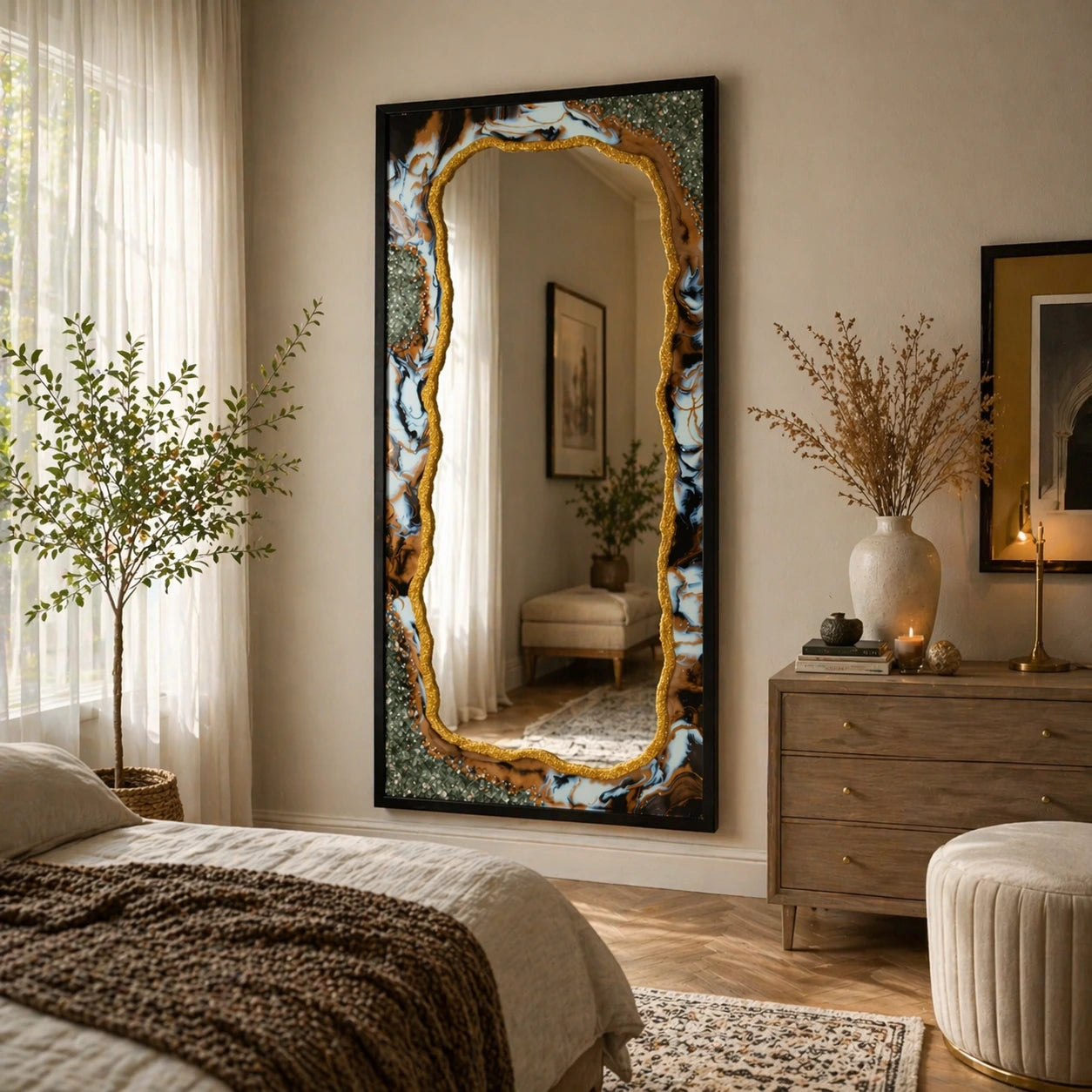 Decorative mirror with a unique frame in a bedroom setting.