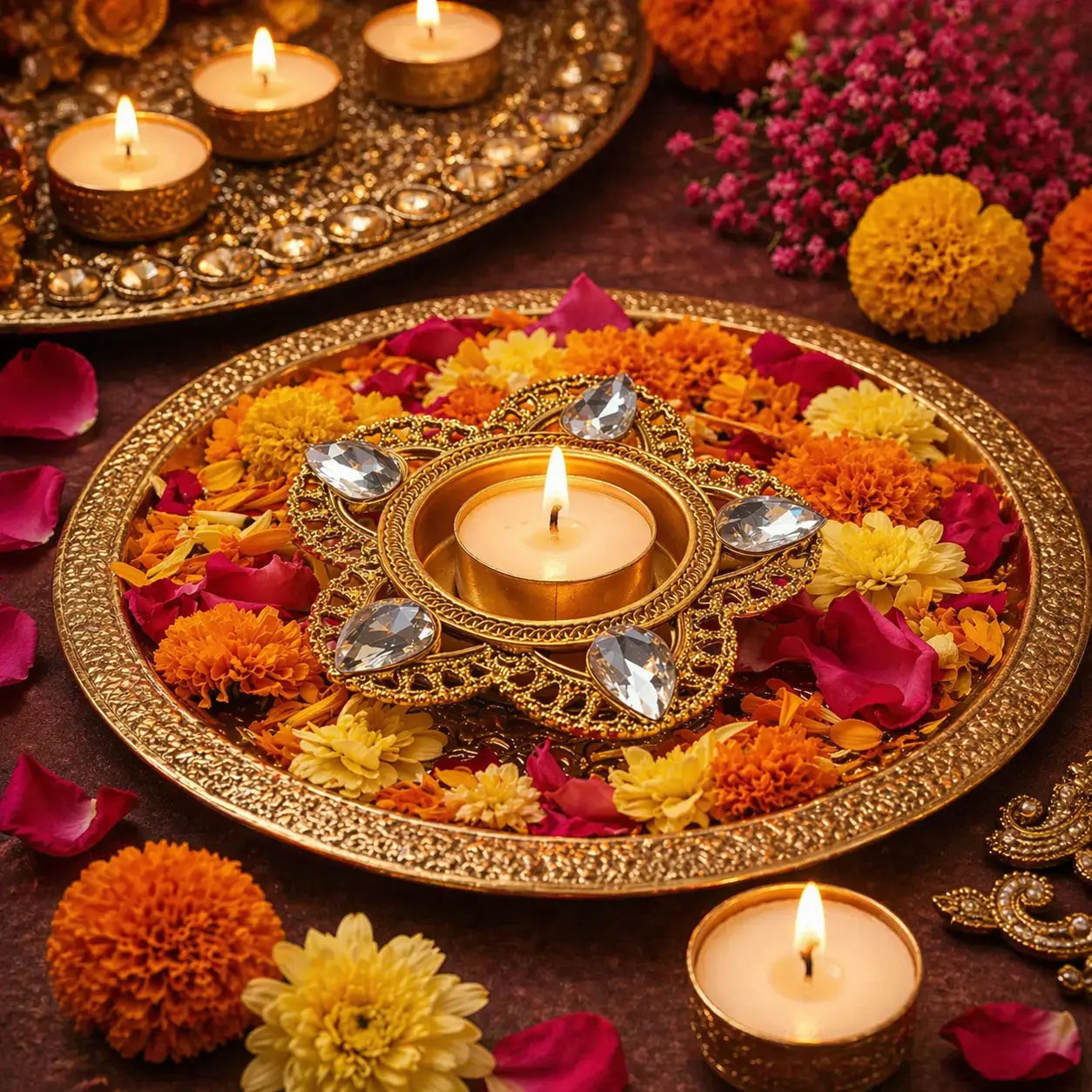 Decorative arrangement with candles and flowers on a dark surface